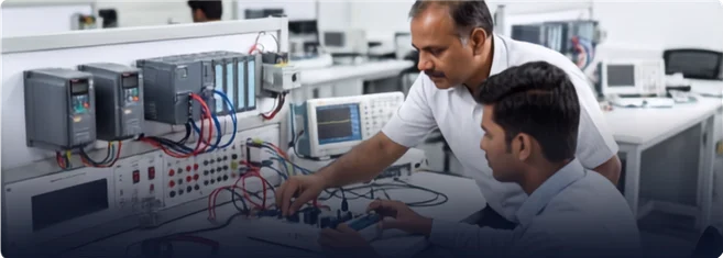 Senior engineer training a colleague on test-bench wiring
