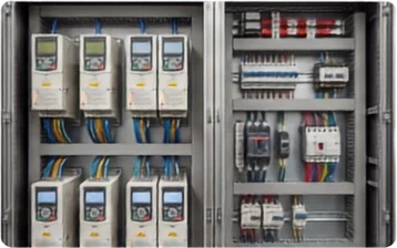 Open control panel cabinet with VFD drives and terminal wiring