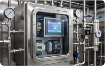 Hazardous-area control panel with pressure gauges and a touchscreen HMI