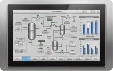 Touchscreen HMI showing a process distillation unit with alarm bar charts