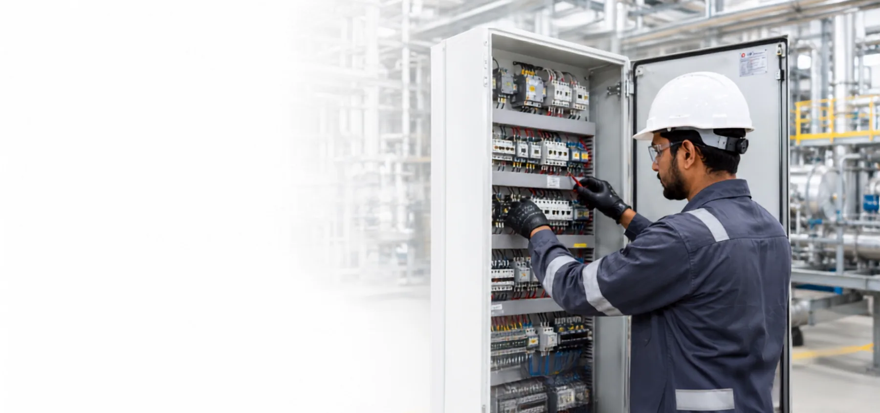 CSE engineer commissioning a low-voltage control panel at a process plant