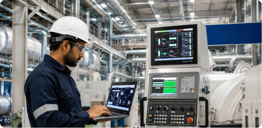 CSE engineer reviewing plant control screens on a laptop beside a machine HMI