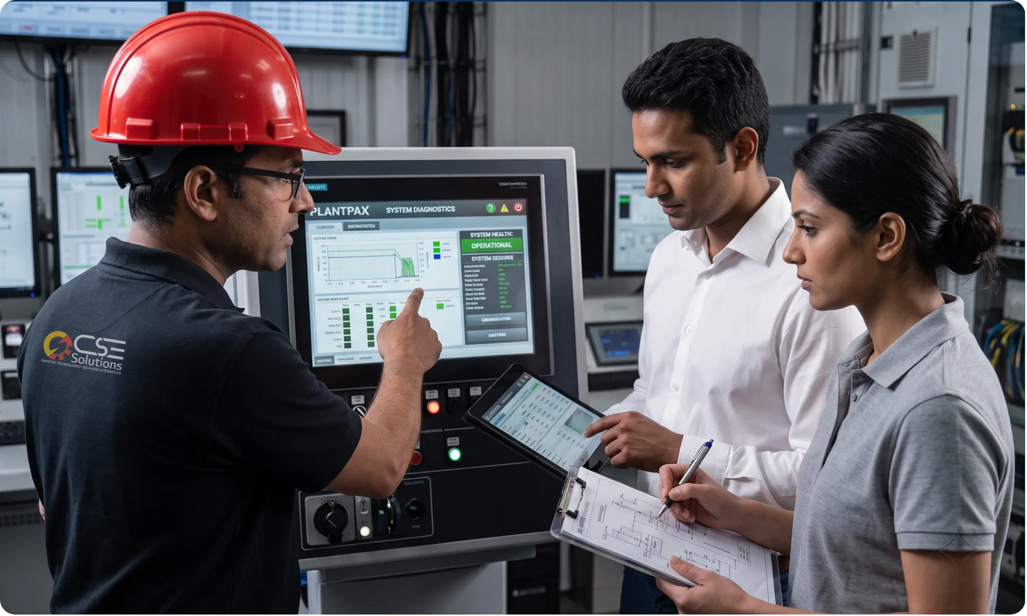 A technician wearing a red helmet demonstrates HMI operation to two colleagues on live SCADA screens